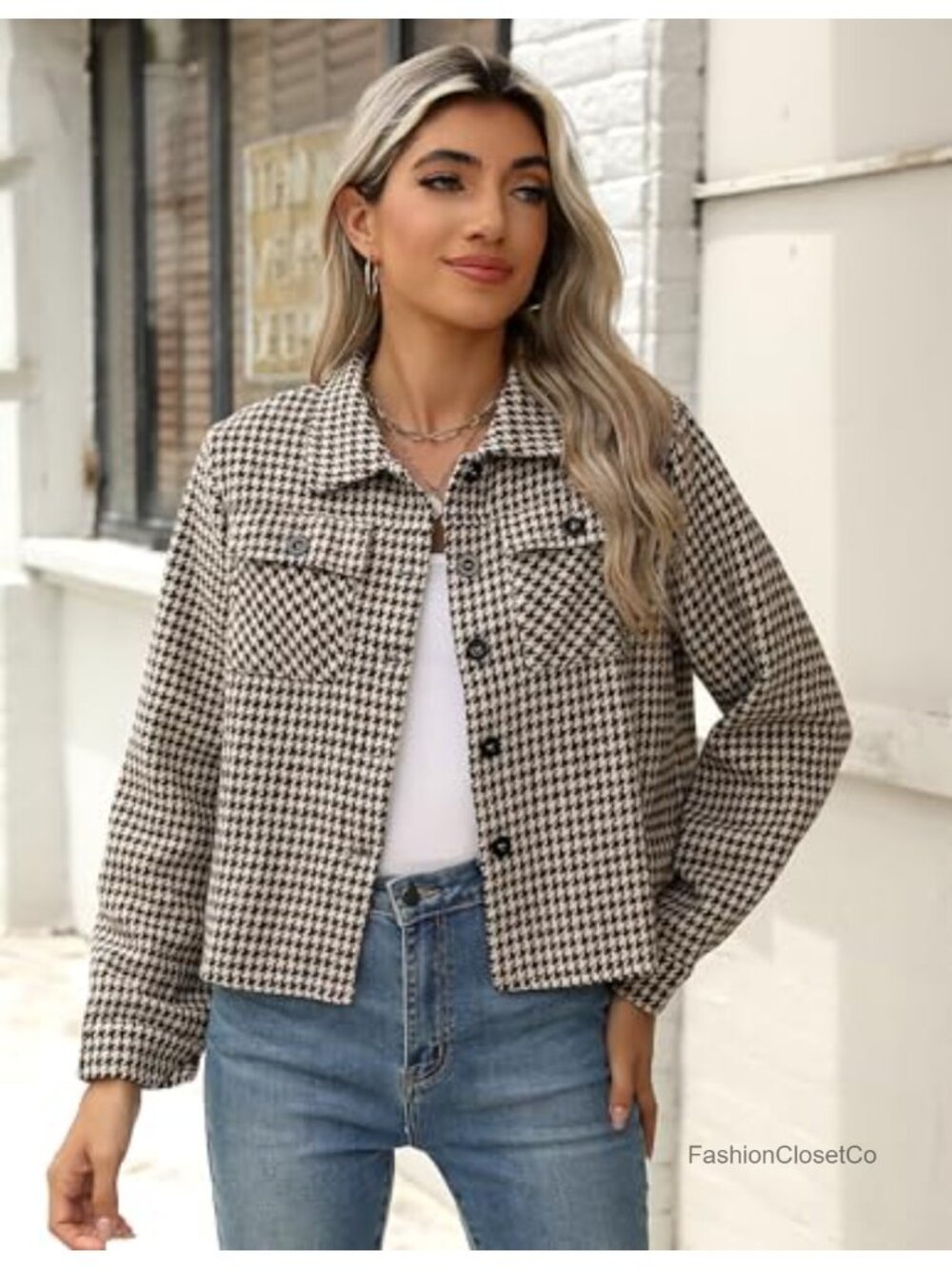 Cropped Plaid Flannel Shacket Jacket Lapel Collar Button Pockets - Picture 2 of 6